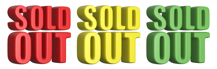 set of 3d render sold out PNG images, colorful, red, yellow, green