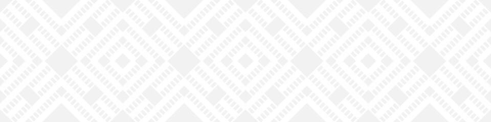 Seamless fashion pattern of squares and lines, geometric white figures for textile and wallpaper. Abstract panoramic ornament on gray background for New Year or wedding cover or postcard.