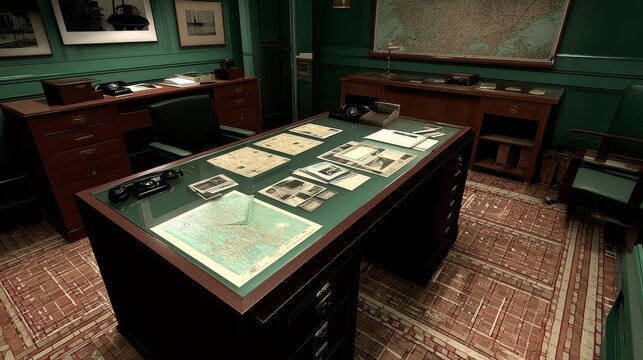 A single, gigantic glass dominates a desk littered with clues - deceive spy secret fingerprint