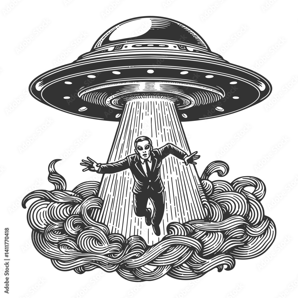 Poster ufo beaming up a man in a suit, depicting an alien abduction with classic sci-fi aesthetics sketch e