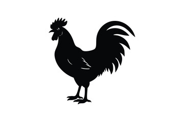 Silhouette art design of a rooster standing tall with feathers slightly flared.eps