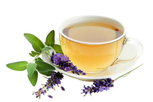 A calming cup of lavender tea with fresh herbs, perfect for a tranquil evening relaxation isolated on transparent background