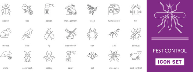 Minimal pest control line icon set tick, target, bat,  mouse, spraying, poison, dangerous, and safety-focused pest solutions.