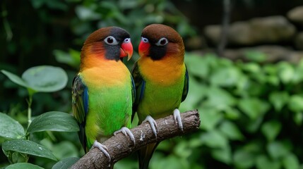 Colorful Parrots Face to Face on Branch in Lush Garden
