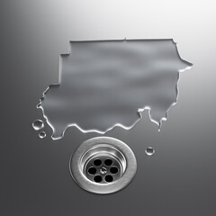 Sudan puddle Map on a metal sink save above a drain. Concept 3d Illustration