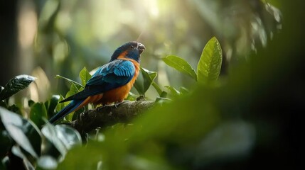 Colorful parrot perched on branch in lush forest, sunlit background