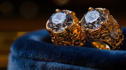 Exquisite diamond rings on dark blue velvet. Sparkling jewels in a jewelry box