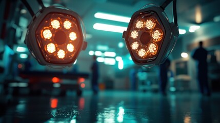 Surgical lights over operating room, blurred medical personnel in background