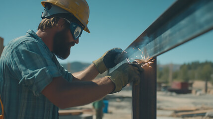 Construction worker welding a metal beam on a site. Featuring welding and heavy machinery
