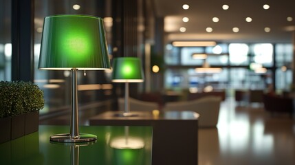 Modern green lamps in a hotel lobby at night