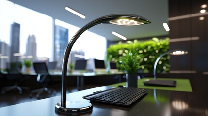 Modern office desk with lamps, city view, and plants