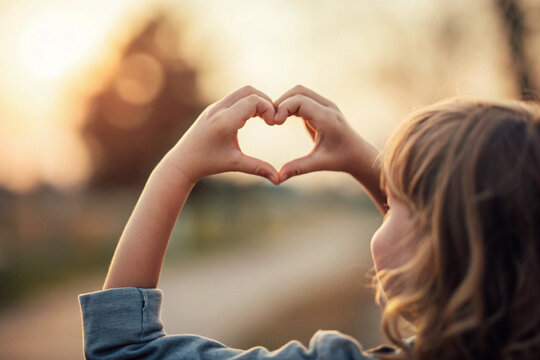 A child's hand making a heart shape in the foreground for Mother's Day, the background should&nbsp;be&nbsp;blurry