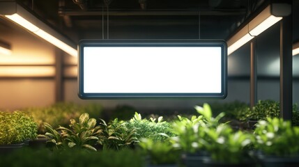 Price signs in the garden selling trees, soil, fertilizer, and gardening equipment. Blank Rectangular Sign Hanging Above Lush Indoor Greenery in Modern Industrial Setting