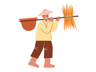 Farmer bring paddy dry rice hay straw and basket peasant with hat working flat illustration cartoon agricultural farming harvesting