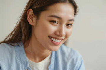 Clous up of happy smiling teenage Asian woman on white background