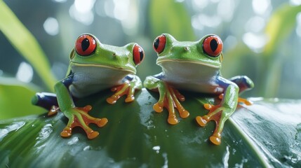 Red-eyed tree frogs on a leaf in a lush rainforest
