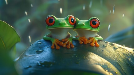 Cute rainforest frogs, rain, leaf, together