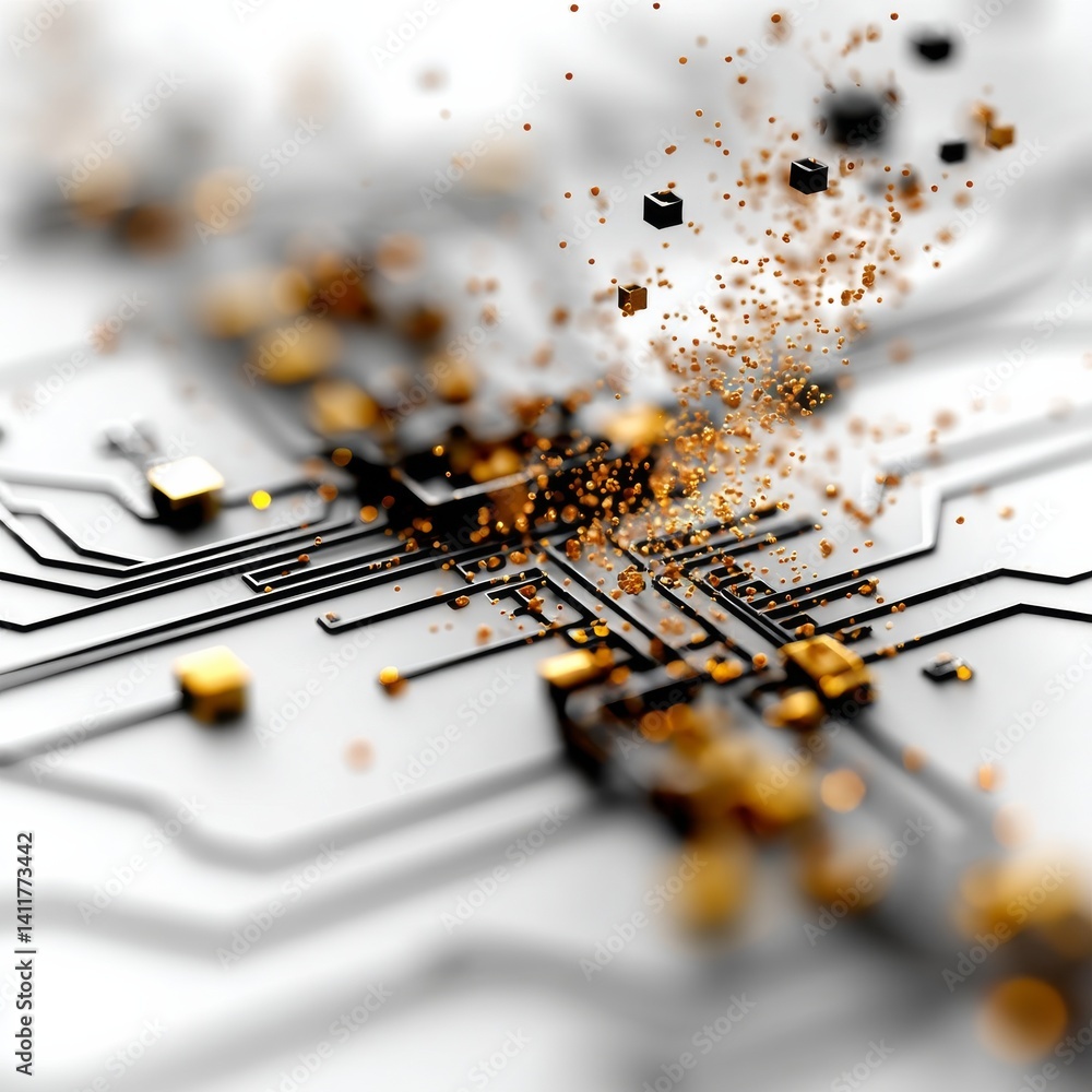 Aufkleber abstract circuit board with gold accents and floating elements, technology integration
