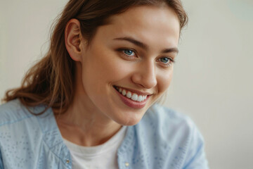 Naklejka premium Face of smiling European woman on white background