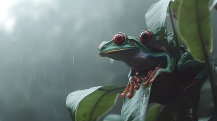 Red-eyed Tree Frog Couple in Rainforest Rain