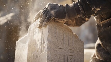 Stonemason carving inscriptions into a monument. Featuring craftsmanship and heritage preservation