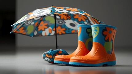 Colorful rain boots and umbrella on gray studio backdrop