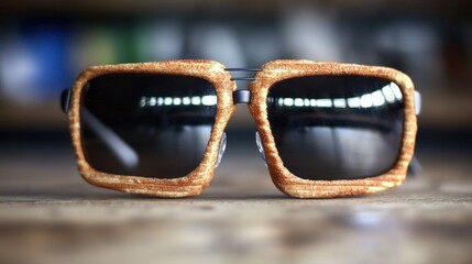 Unique,  brown,  sunglasses,  wooden  table,  blurred  background