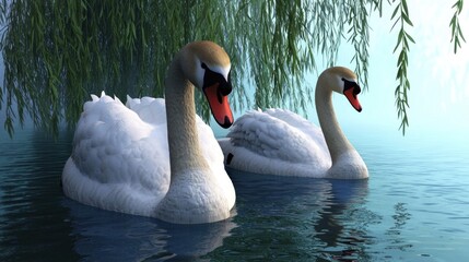 Two swans on water, under weeping willow, peaceful scene