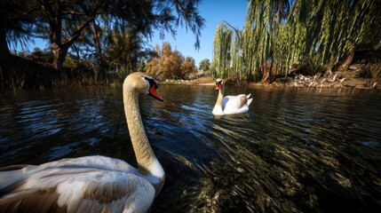 Two swans on a tranquil pond, trees and foliage in background,  perfect for nature or peace themes