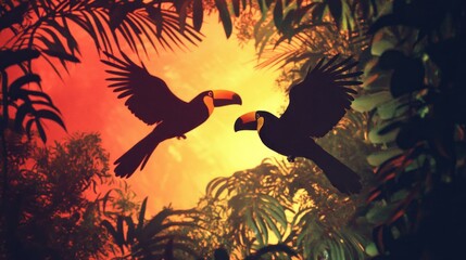 Tropical toucans in flight, sunset jungle background