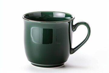A beautifully crafted dark green mug resting on a clean white surface, radiating elegance and simplicity in design isolated on transparent background