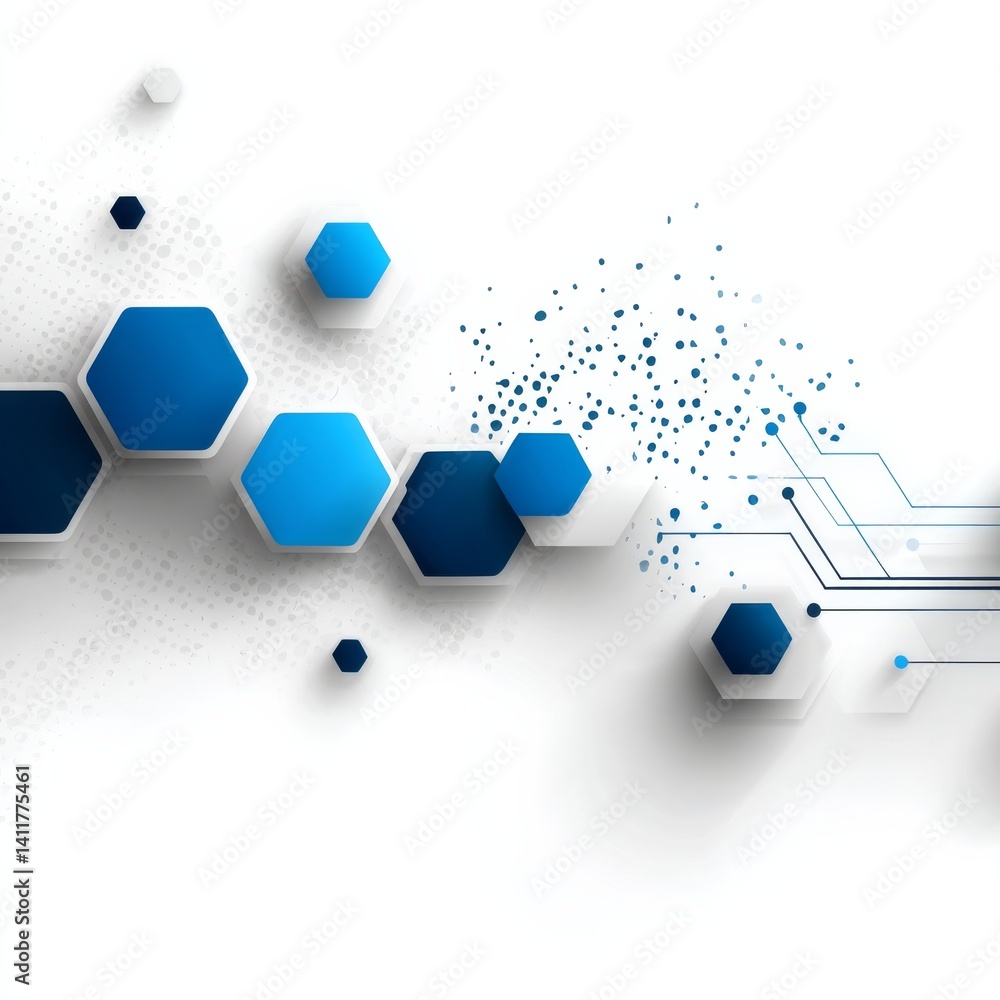 Poster abstract technology hexagons: a modern design with blue and white geometric shapes on a clean backgr