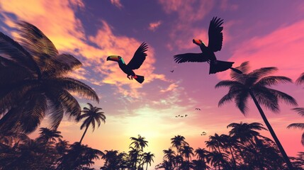 Tropical birds fly at sunset over palm trees