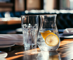 a photograph of a table in an expensive restaurant with a carafe of water with lemon inside and a clear glass on it