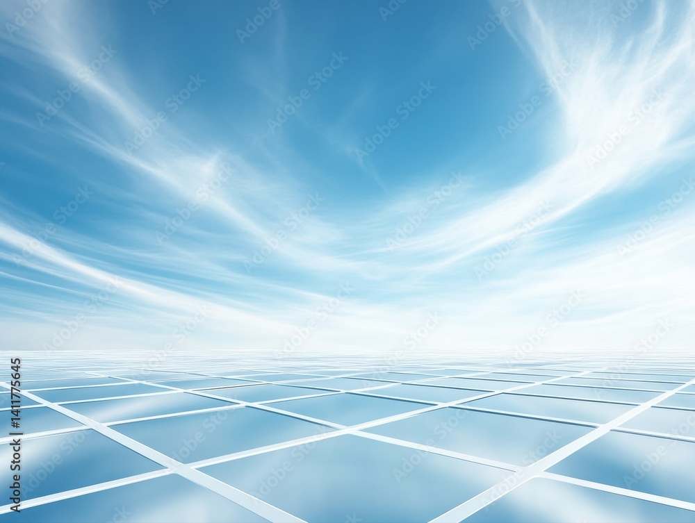 Poster futuristic technological landscape with reflective grid surface expansive sky with wispy clouds and 