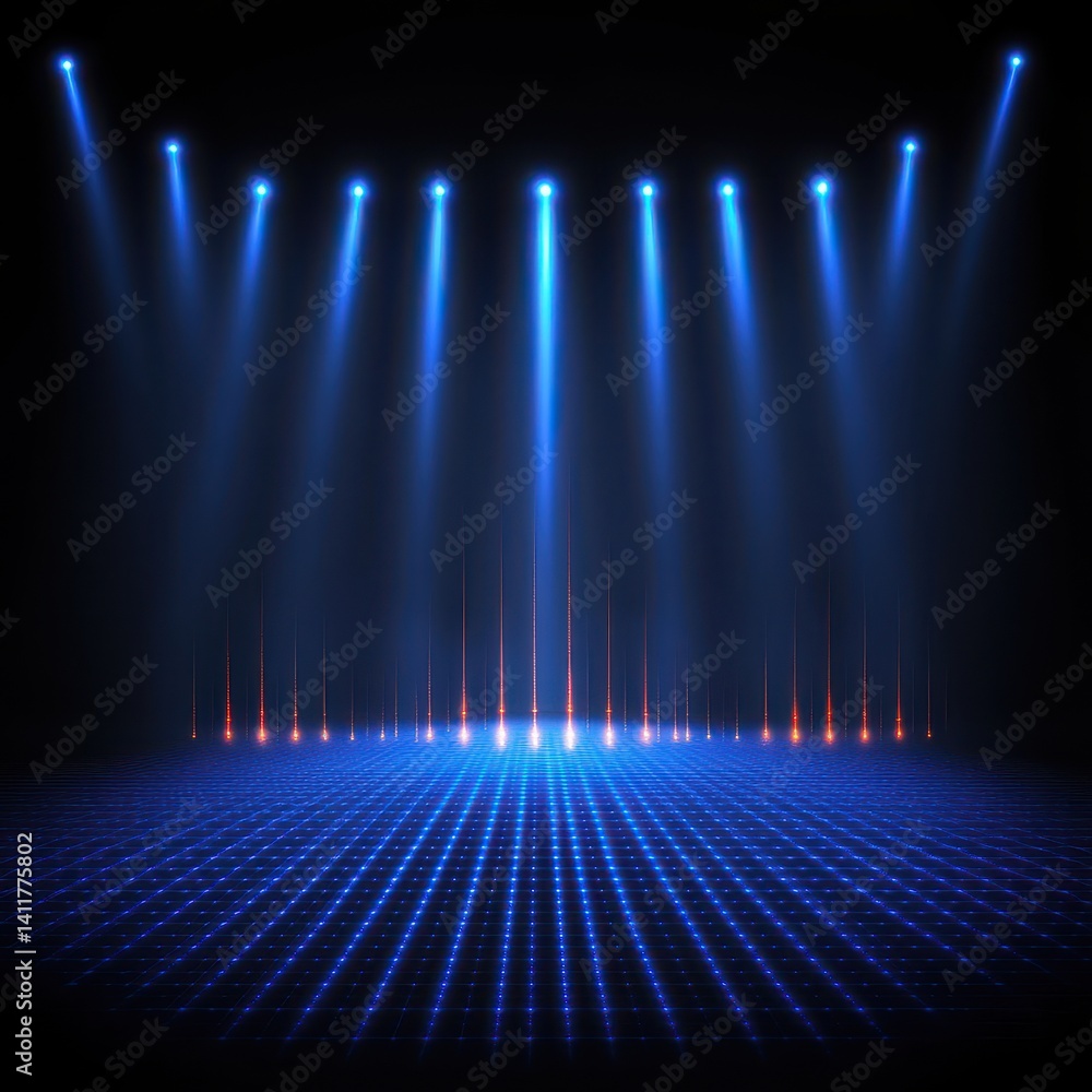 Aufkleber futuristic blue stage lighting with spotlights and illuminated floor creating a high-tech concert or