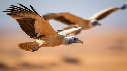 Two vultures in flight over a desert landscape