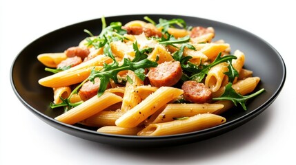 A vibrant plate of penne pasta mixed with slices of sausage and fresh arugula, garnished with herbs and spices.