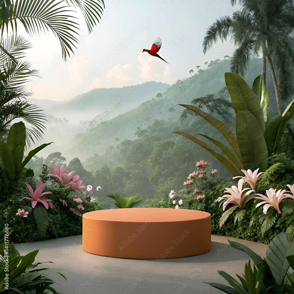 Poster front-view shot of a 3d render orange circular pattern, showcasing a vibrant, smooth, and symmetrica