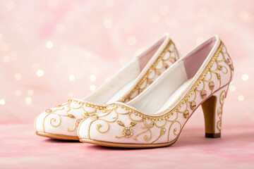 Fototapeta premium a pair of fairytale nostalgic bridal shoes. background&nbsp;pink&nbsp;blur