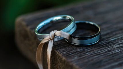 Two wedding rings tied with ribbon on rustic wooden surface