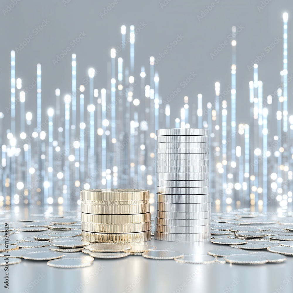 Poster close up of stacks of silver and gold coins on reflective surface with glowing digital light trails 