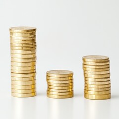Three stacks of gold coins arranged in increasing size order on a white background illustrating financial growth and wealth accumulation concept