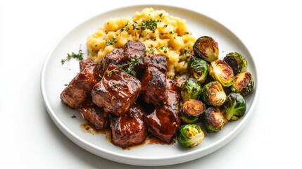 Fototapeta premium A hearty plate featuring grilled beef strips, creamy pasta, and sautéed Brussels sprouts, garnished with fresh herbs.