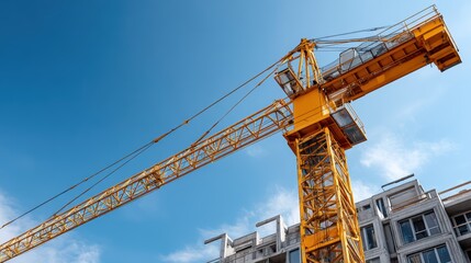 A towering crane dominates the skyline, framed by the clear blue sky above a new building under construction - tall industry growth
