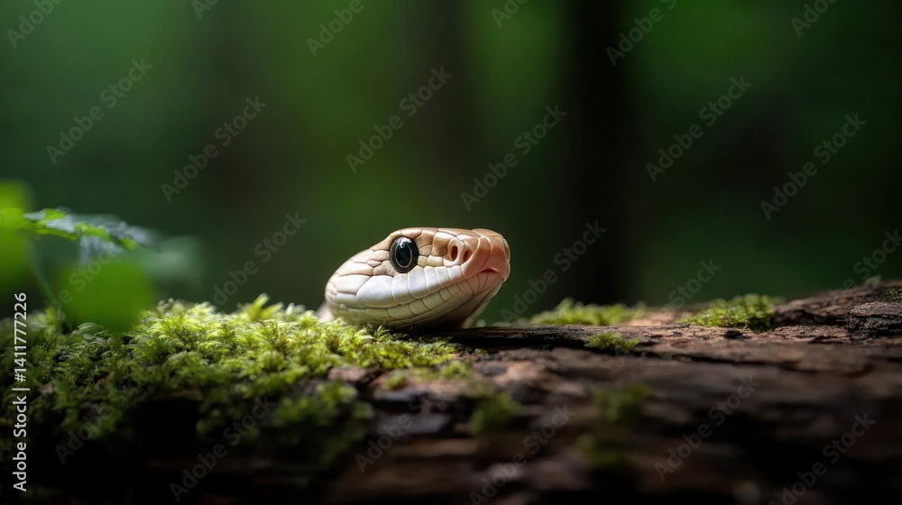 Aufkleber a close-up of a snake's head with detailed skin texture and glossy black eyes, resting on a mossy lo