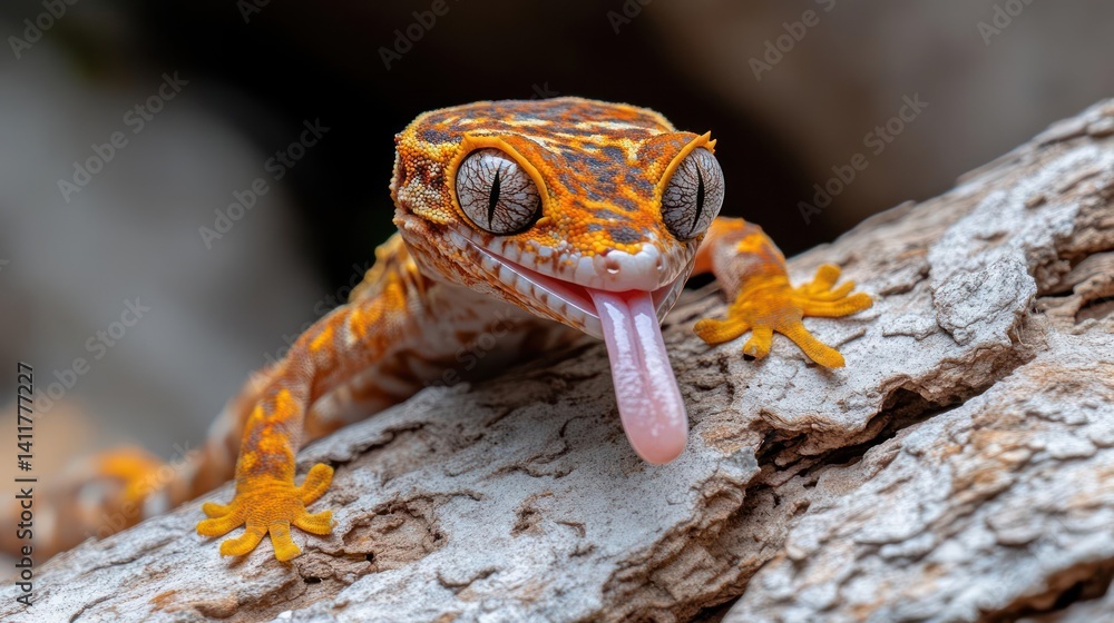 Poster Close-up capturing an orange gecko perched on weathered bark, its eyes wide and tongue extended, showcasing intricate patterns on its skin. The image highlights the reptile's unique features in