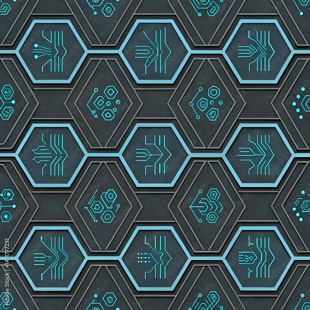 Aufkleber futuristic hex grid tech pattern seamless vector, featuring a sleek, geometric design with hexagonal