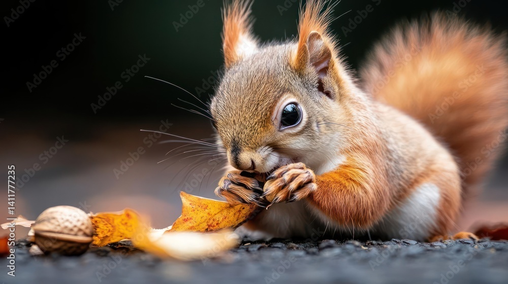 Poster close-up shot of a cute red squirrel eating a nut on a gray surface, with fallen leaves and a dark b