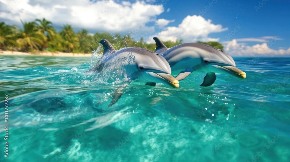 Aufkleber close up shot of two dolphins swimming near the sea. the clear turquoise water offers a glimpse of t